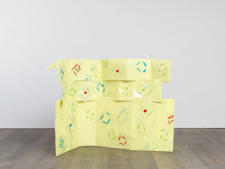 Karla Black (Scottish, born 1972) Diamond Hard, 2013 cardboard, paint, petroleum jelly, cellophane Overall: 44 1/8 × 57 7/8 × 33 7/16 in. (112 × 147 × 85 cm.) Copyright the artist, Courtesy Modern Art, London.  Photographer: Todd-White Art Photography